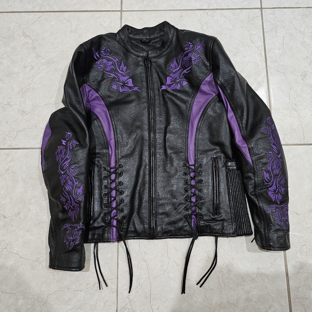 Xelement Women's  Biker Black and Purple Leather Embroidered Jacket
